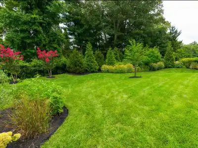 A vibrant, well-maintained garden in Delaware County, PA, features lush green grass, pink flowering trees, and a variety of shrubs. Complemented by expert landscaping services, the garden is bordered by a black fence and surrounded by dense trees under a cloudy sky.