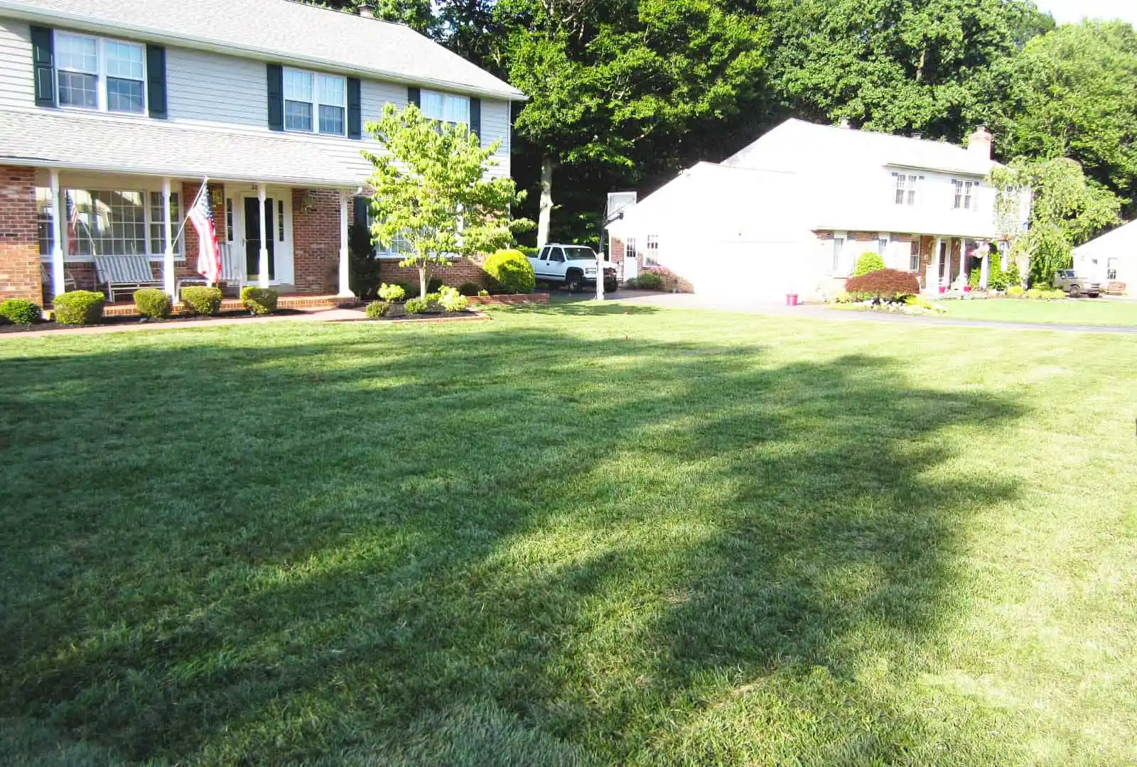 Suburban neighborhood with two white houses surrounded by a well-maintained green lawn. One house features a porch with an American flag, while the other boasts trimmed bushes, likely thanks to top-notch landscaping services in Delaware County, PA. Tall trees cast peaceful shadows on the grass.
