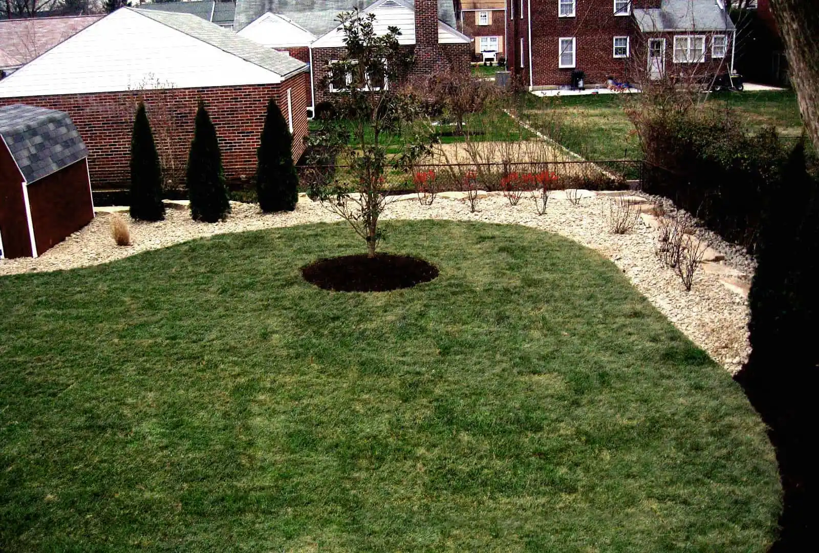 A backyard in Delaware County, PA, showcases outdoor living with a circular grass patch centered by a tree. A border of white pebbles and small bushes surrounds it, while brick houses and a shed are framed by triangular shrubs, offering an idyllic retreat with exquisite landscaping services.