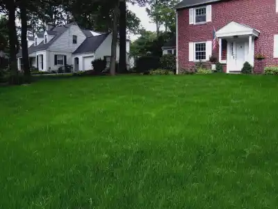 A lush green lawn graces the front of a red brick house with white trim and an American flag by the door. Another white house with dark shutters peeks from behind tall trees, showcasing the charm of outdoor living in Delaware County, PA.