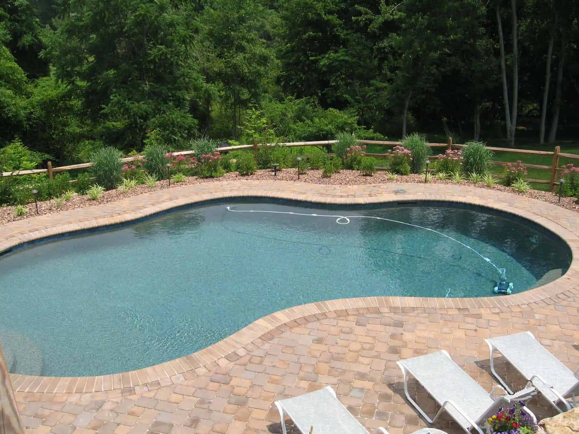 A backyard with a curved, in-ground swimming pool surrounded by a stone patio, landscaping, and several white lounge chairs. Lush green trees and plants border the pool area.