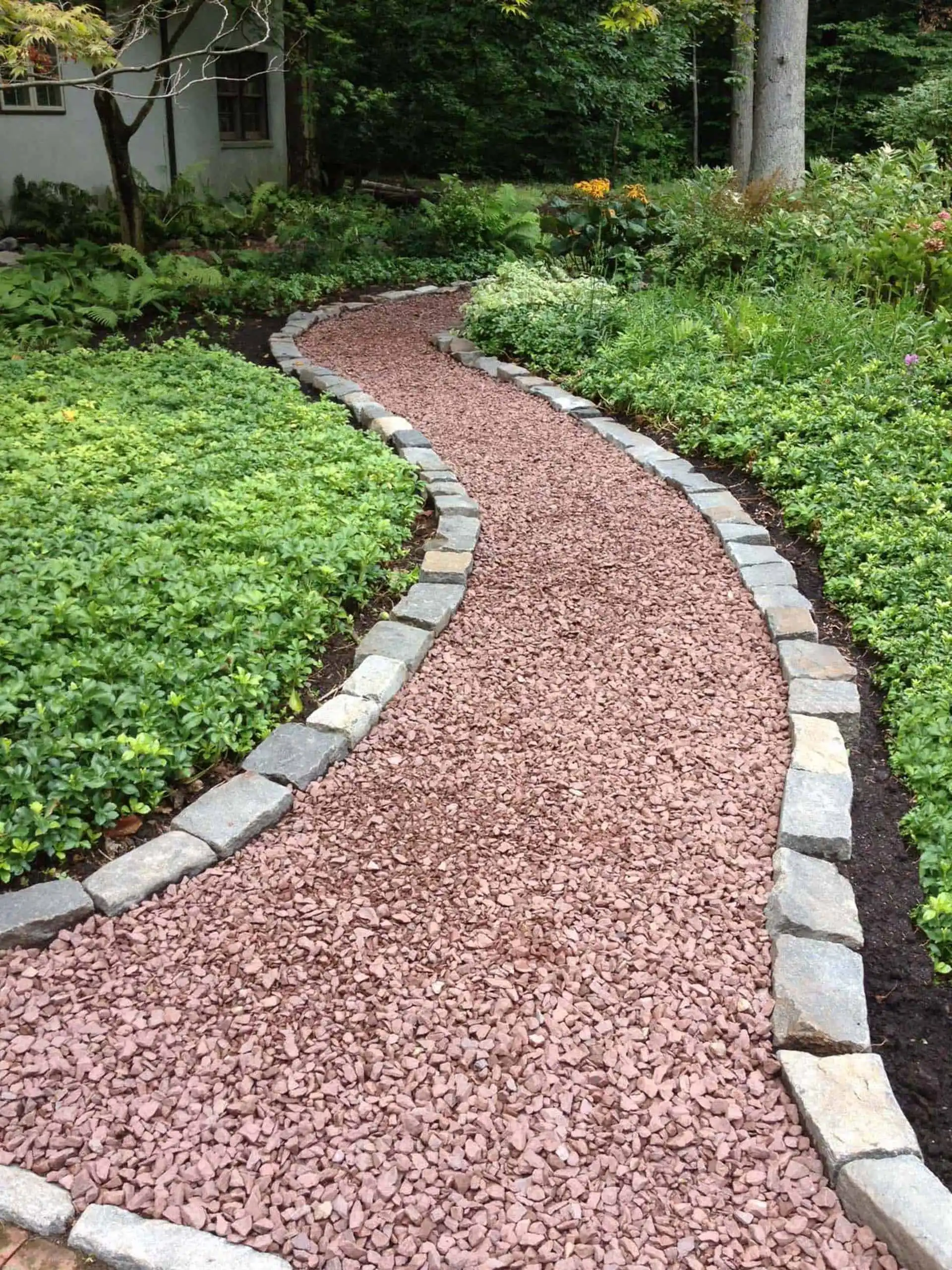 A winding garden path made of reddish gravel is bordered by large gray stones, surrounded by lush green plants and shrubs, leading toward a house partially visible in the background.