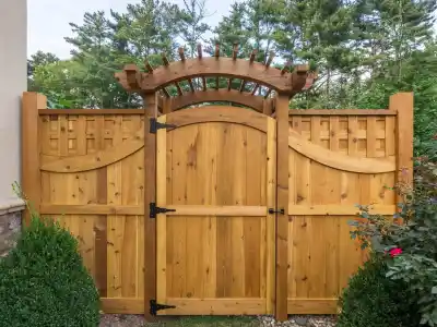 Wooden garden gate with an arched top and decorative lattice design, perfectly situated for outdoor living in Delaware County, PA. Surrounded by greenery, including neatly trimmed bushes and flowering plants. Tall trees and part of a stone wall are visible in the background, enhancing the natural setting.