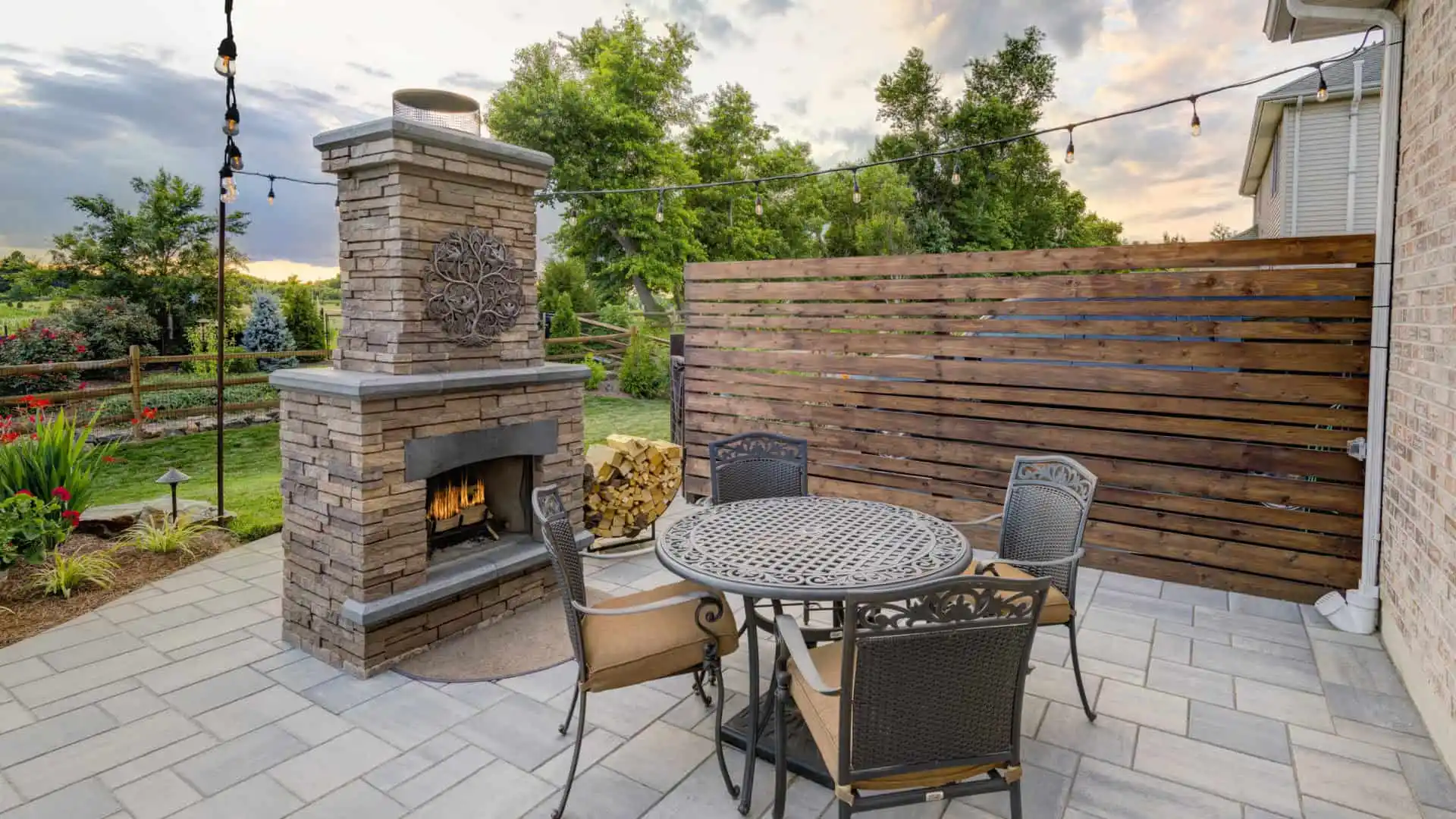 A cozy outdoor patio in Delaware County, PA, showcases captivating outdoor living with a stone fireplace, round metal table with chairs, and a wooden privacy fence. String lights dangle above the lush greenery and vibrant garden under a cloudy sky.