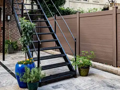 The outdoor scene features metal stairs ascending to a building, with potted plants artfully arranged at the base, including a tall plant in a large blue pot. A brown fence lines the tiled ground as nearby buildings stand visible, showcasing superb hardscaping services in Delaware County PA.