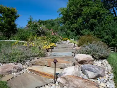 A stone pathway meanders through a lush garden with vibrant plants and flowers, showcasing expert landscaping services in Delaware County, PA. Large rocks border the path, enveloped by green grass and shrubs. In the background, trees stand against a bright blue sky.