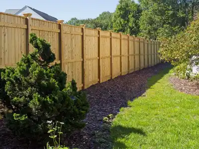 A wooden privacy fence gracefully extends across a landscaped backyard in Delaware County, PA, featuring a manicured lawn and a small evergreen bush. Mulch borders the bush, while a shrub accents the house corner. Trees and clear blue skies highlight this serene outdoor living space.