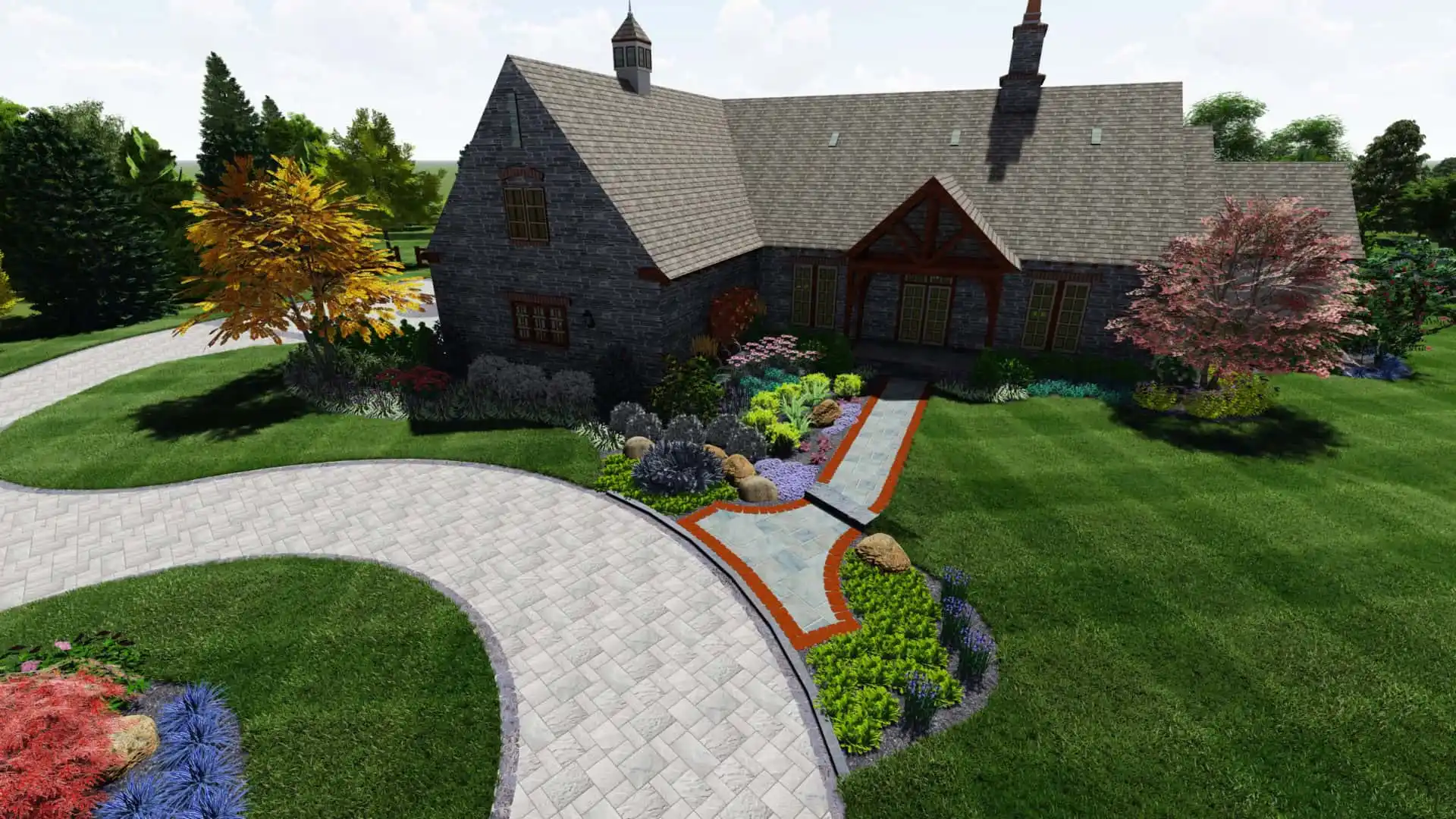 A stone house with a steep roof is surrounded by lush landscaping, courtesy of expert landscaping services in Delaware County, PA. Colorful flowers, bushes, and trees abound. A winding stone pathway leads to the entrance, while a manicured lawn unfolds under partly cloudy skies.