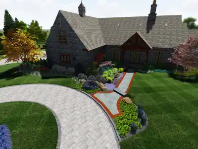 A stone house with a steep roof is surrounded by lush landscaping, courtesy of expert landscaping services in Delaware County, PA. Colorful flowers, bushes, and trees abound. A winding stone pathway leads to the entrance, while a manicured lawn unfolds under partly cloudy skies.
