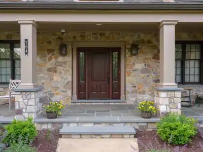A stone-front porch in Delaware County, PA, boasts a dark wood door flanked by two windows. Two potted plants with yellow flowers enhance its charm. A chair and small table offer outdoor living comfort on the left. Slate steps lead up as house number 
